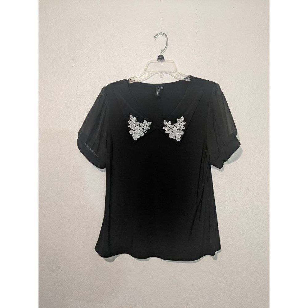 Zero‎ 2 Eight Black Blouse, Vintage-inspired Lace Applique Collar Size L - Picture 6 of 12